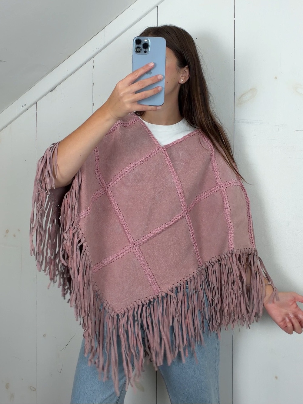 Vintage Wilsons Pink Genuine Leather Fringe Crochet Patchwork Poncho ONE SIZE